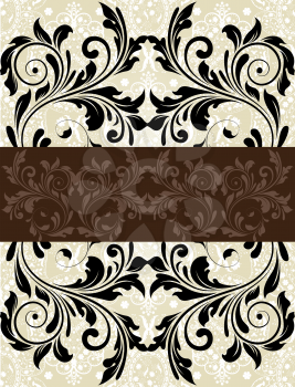 Vintage wedding invitation card with ornate elegant abstract floral design, black on gray with brown ribbon. Vector illustration.