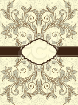 Vintage invitation card with ornate elegant abstract floral design, brown and gray on pale yellow with ribbon. Vector illustration.