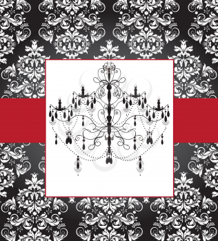 Vintage invitation card with ornate elegant abstract floral design, white on black with chandelier and red ribbon. Vector illustration.