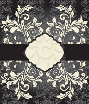 Vintage invitation card with ornate elegant abstract floral design, white and gray on black with ribbon. Vector illustration.