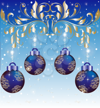 Vintage Christmas card with ornate elegant abstract floral design, shiny gold on blue with balls and twinkling stars and snow. Vector illustration.