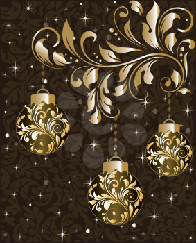 Vintage Christmas card with ornate elegant abstract floral design, shining gold on brown with balls and twinkling stars. Vector illustration.