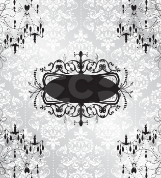 Vintage invitation card with ornate elegant abstract floral design, black and white on gray with chandeliers. Vector illustration.
