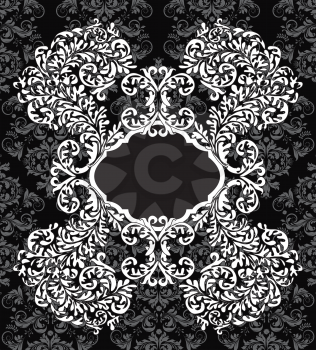 Vintage invitation card with ornate elegant abstract floral design, white on gray and black. Vector illustration.