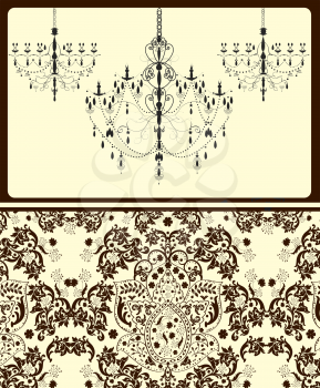 Vintage invitation card with ornate elegant abstract floral design, brown on pale yellow with chandeliers. Vector illustration.