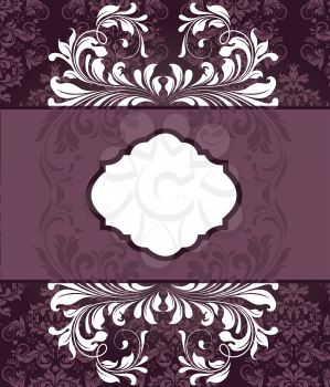 Vintage invitation card with ornate elegant abstract floral design, white on purple. Vector illustration.