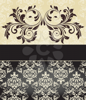 Vintage invitation card with ornate elegant abstract floral design, brown on flesh and white on black with ribbon. Vector illustration.