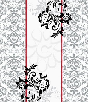 Vintage invitation card with ornate elegant abstract floral design, black and gray on white with two red stripes. Vector illustration.
