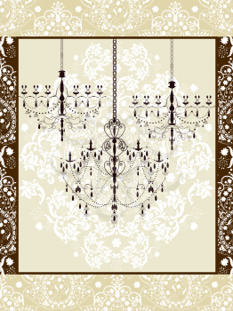 Vintage invitation card with ornate elegant abstract floral design, brown on gray with chandeliers. Vector illustration.