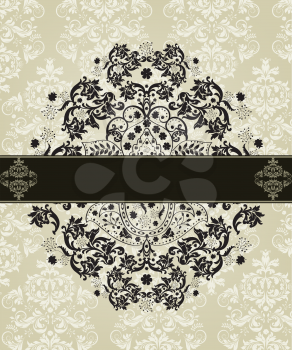 Vintage invitation card with ornate elegant abstract floral design, black on gray with ribbon. Vector illustration.
