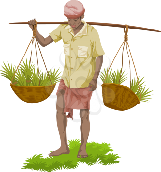 Vector illustration of street vegetable seller carrying vegetables baskets.