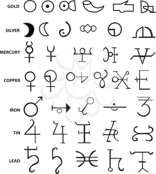 List of forty four alchemical symbols, isolated on white