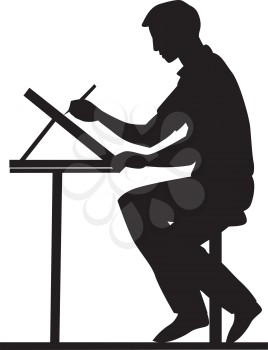 Artist, side view, using a pencil and drawing board, sitting at a table, vector illustration