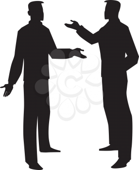 Silhouette of two men talking, black, vector illustration