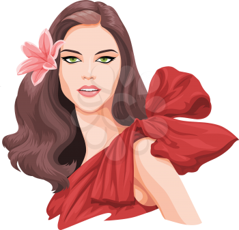 Vector illustration of stylish and beautiful young woman with flower in her hair.