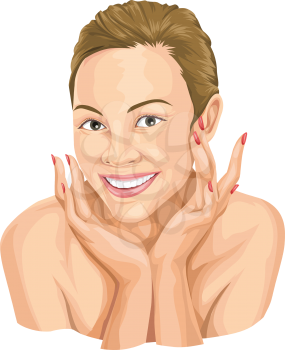 Vector illustration of happy young woman touching her face, beauty care concept.