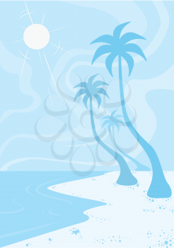 Beach, in Blue, Sun Sand Surf, Coconut Trees, vector illustration