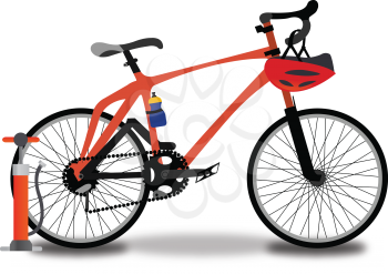 Racing Bicycle, Red and Black, with Tire Pump, Helmet, and Water Bottle, vector illustration