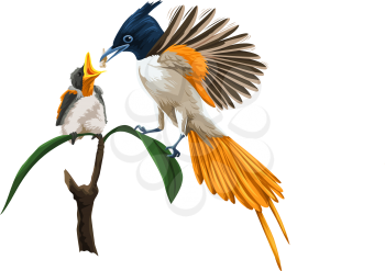 Vector illustration of bird feeding her young chick.