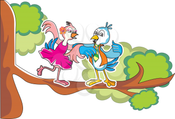 Bird couple in-love, dancing on a tree branch, vector illustration