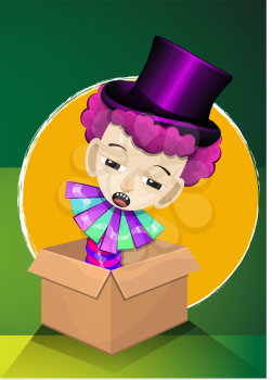 Jack in the Box, Boy with Pink Curly Hair, with Purple Magicians Hat, vector illustration