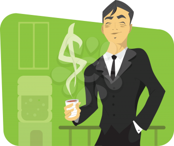 Vector of a smiling businessman on his break, having a coffee with a dollar sign of steam going up from it.