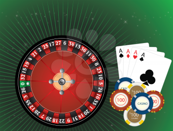 Casino Gambling, Roulette Wheel, Casino Chips, and Four Aces Cards, vector illustration