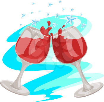Celebration with red wine and glasses toasting, vector illustration