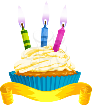 Celebration with cupcake, ribbon, and 3 candles, vector illustration
