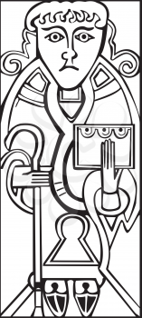 An old celtic symbol of Saint Luke holding a bible and a cane, isolated against a white background