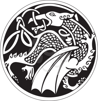 A druidic astronomical symbol of a dragon, in a circle pattern artwork, isolated against a white background