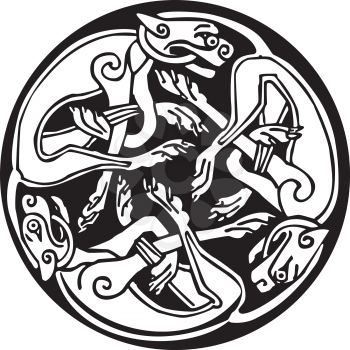 Celtic design of a three dogs biting their tails, intertwined, inside a circle with knots design. Great for artwork or tattoo