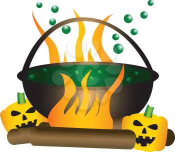 Halloween theme. Boiling witch cauldron with green substance in it, with a large fire and pumpkins underneath.