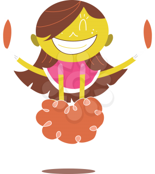 Young illustration of a smiling yellow cheerleader jumping and cheering doing a split in the air. Looks excited.