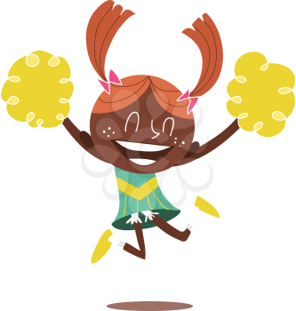 Young illustration of a black smiling cheerleader jumping and cheering with two ponytails. Looks excited.