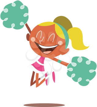 Young blond illustration of a smiling cheerleader jumping and cheering. Looks excited.