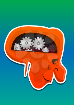 Monster Head, with Mechanical Brain, Red Orange, Side View, vector illustration