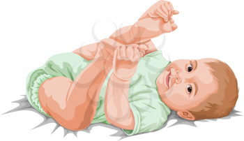 Vector illustration cute little baby boy playing with his feet.