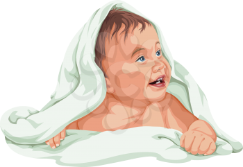 Vector illustration of cute baby boy covered with towel.