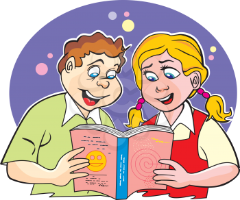 Children studying, boy and girl together, reading a book, vector illustration