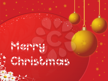 Merry Christmas in red background with daisies, balls, and snowflakes or stars, vector illustration