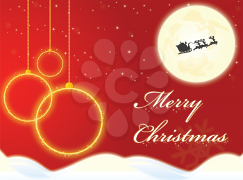 Merry Christmas in red and white background with balls, stars, snowy landscape, and santa claus and reindeers flying across the moon, vector illustration
