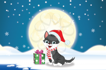 Merry Christmas in blue and white background with cat, present, moon, stars, snow, and snowy landscape, vector illustration