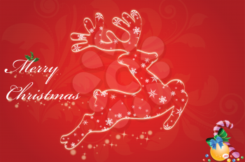 Merry Christmas in red background with reindeer, balls, candy cane, ribbon, and snowflakes or stars, vector illustration