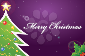 Merry Christmas in purple or violet background with christmas tree, christmas flower, and stars, vector illustration