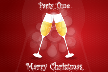 Merry Christmas in red background with party time, wine glasses toasting, vector illustration
