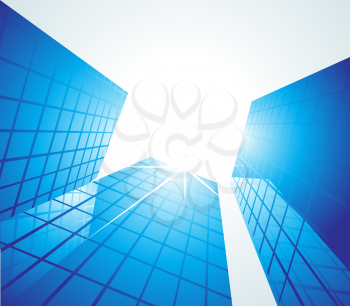 Blue office buildings, view from below towards the sun, vector illustration