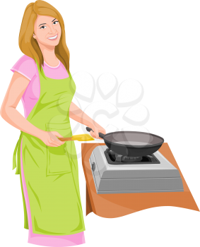 Vector illustration of housewife preparing food.