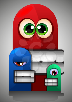 Colorful Creatures, Red Blue Green Monsters, Big Eyes Teeth, vector illustration