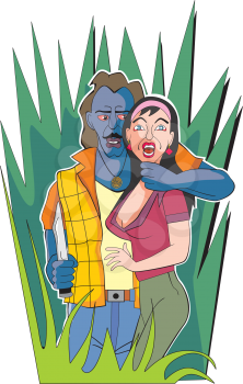 Hostage-taking, female, man holding knife and arm around woman's neck, grassland, vector illustration